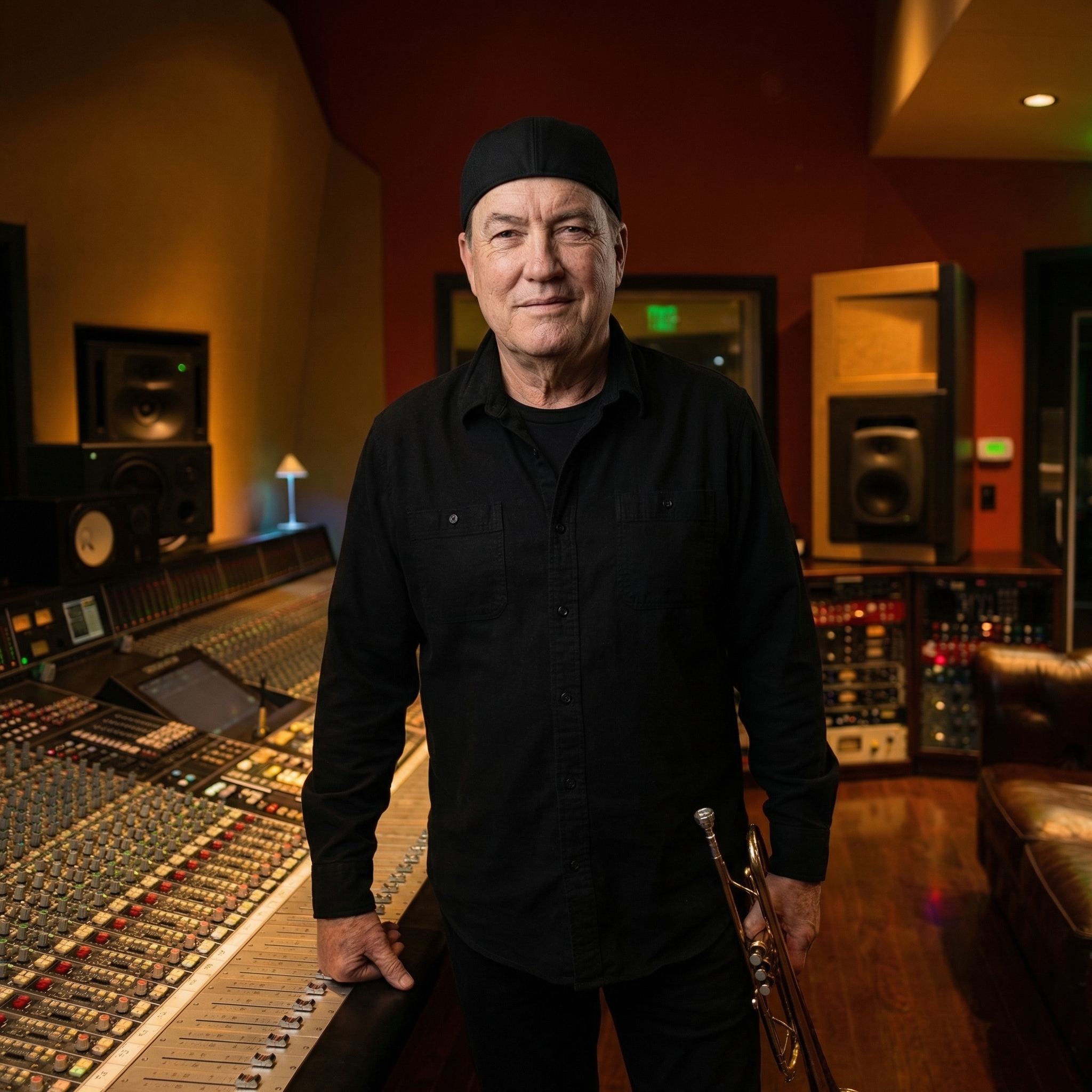 Tommy Mac at SSL recording console with trumpet